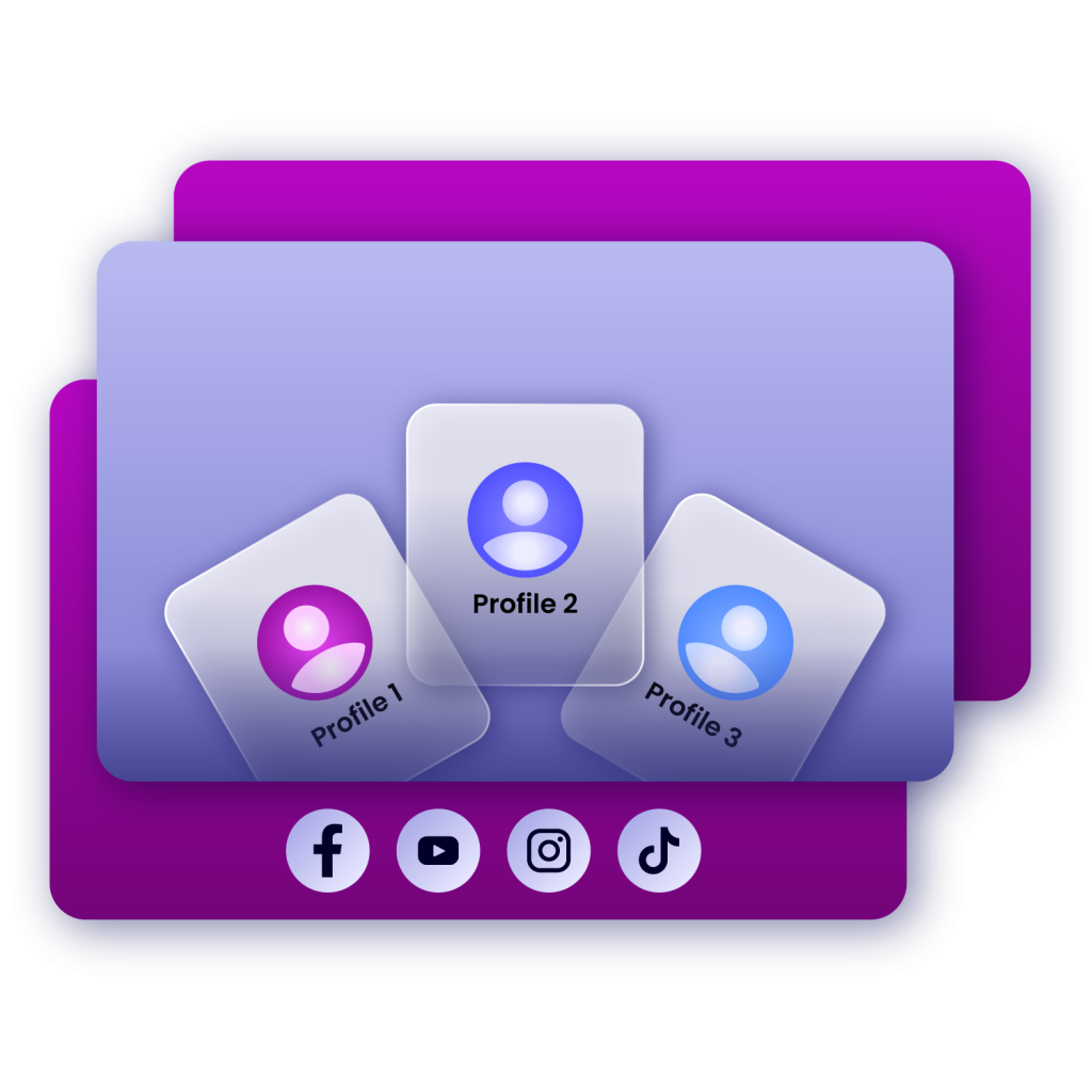 purple blocks with 3 user profiles and social media icons at the bottom